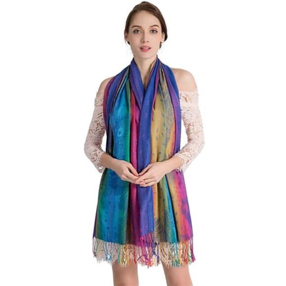 Women Pashmina Shawl Scarf Cotton Jacquard Wrap Tassel Lightweight Warm Wrap - Picture 2 of 7